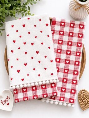 Celebrate Together Heart Gingham Kitchen Towels Set Red White Cotton